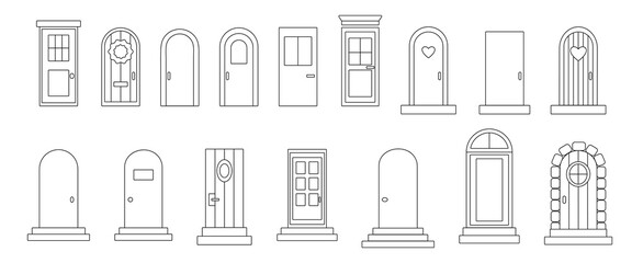 Outline drawing of doors. Set isolated on a white background. Different door shapes for houses. Vector illustration, linear icon. Element of architectural decoration of the building.