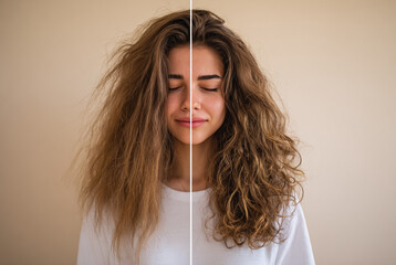 A young woman with long brown hair is shown facing forward against a plain background with her eyes closed wearing a white shirt 