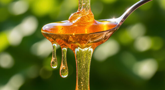 Honey Dripping from Spoon with Golden Liquid for Natural Sweet Food Background