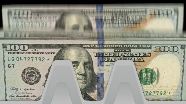 Stylized money counting machine animation with 100 US dollar bills. Seamless stop motion loop of cash laundering, shadow economy, cash flow, jackpot and financial wealth generation in lo-fi vox style
