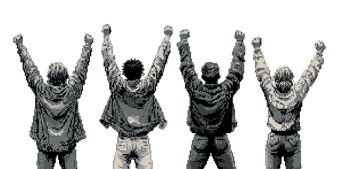Four individuals, from the rear, with raised fists in unison, pixelated, black and white, against darkness