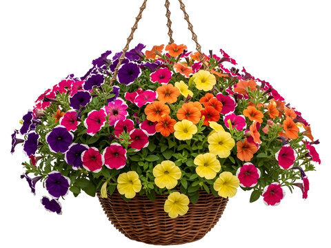 Vibrant hanging basket of colorful petunias and calibrachoa