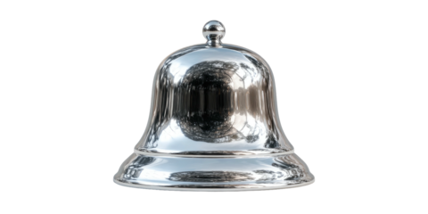 A polished silver bell on a black background, reflecting light. It has a rounded base and a knob
