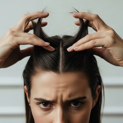 Naklejka premium Woman examining hair parting with concerned expression close up