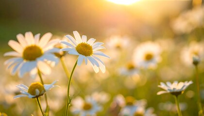 Close-up of sunlit daisies in a field, with bright yellow centers and white petals. Soft focus creates a dreamy feel