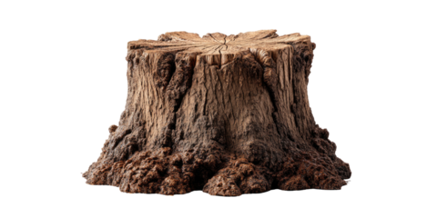 A detailed, isolated view of a rough-hewn, textured tree stump. Focus on the wood's grain and form
