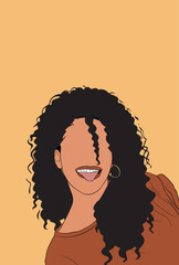 Happy African American Woman with Curly Hair Laughing Portrait on Orange Background