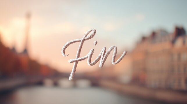 Fin handwritten word on blurred Paris background. Cursive French text &ldquo;Fin&rdquo; over out of focus cityscape with river and buildings at sunset, end title concept.