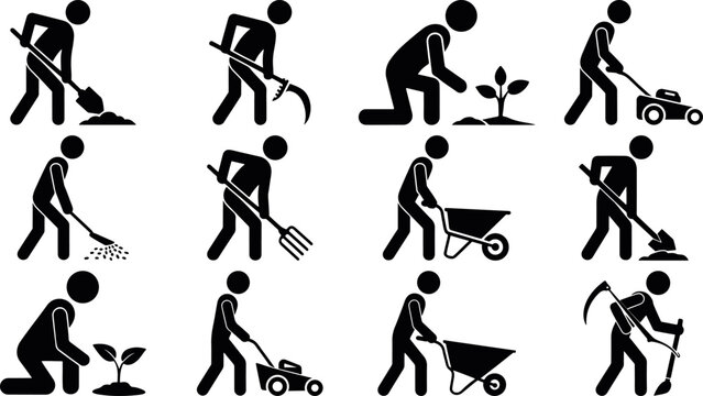 Gardening activity silhouette set showing planting, watering and yard work poses in clean flat vector, farming work silhouette figures garden icons, plant care silhouette people collection isolated