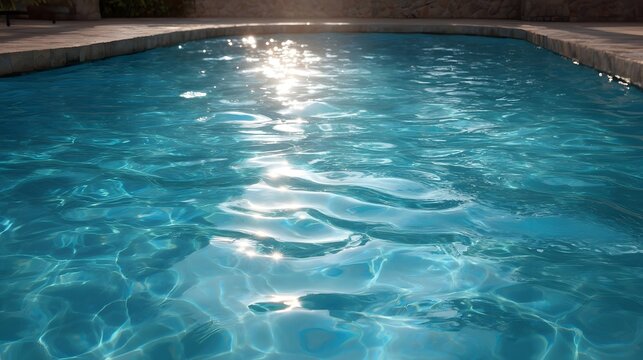 Crystal clear blue swimming pool water illuminated by bright sunlight reflecting on the gentle ripples of the surface