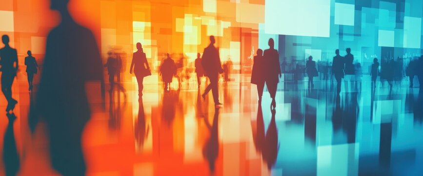 Blurred silhouettes of business people walking in a modern city with abstract vibrant orange and blue background.