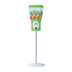 An illustration of a chewing gum machine, on a white background, with colorful chewing gum balls, designed to entertain and delight children anywhere.