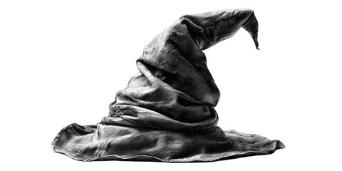 A shadowed, grey, fabric hat with a triangular pointed top against a solid black background