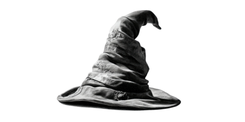 A grayscale image of a conical hat, crumpled and aged, isolated on a black background