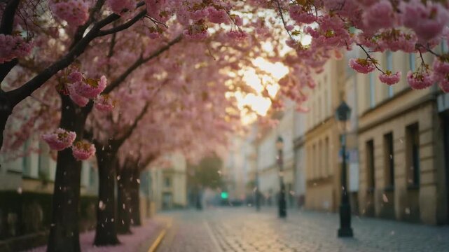 Blooming cherry blossom trees lining a cobblestone street with falling petals during golden hour sunlight creating a magical spring atmosphere in an urban setting