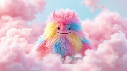 Obraz premium Cute Pastel Fluffy Monster in Dreamy Cloud Sky – Soft 3D Fantasy Character, Generative AI