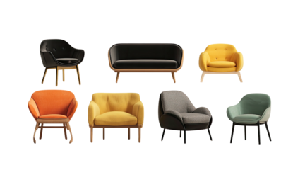 Assortment of contemporary furniture, showcasing various colorful armchairs and a loveseat on black
