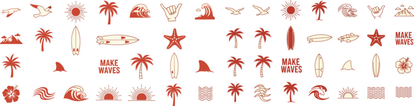 Summer beach line icon vector set with palm trees, waves, surfboards, starfish and sun symbols. Perfect for tropical branding,  stickers, social media graphics and vacation themed designs.