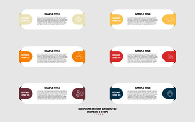 Infographic 6 steps list, corporate report template presentation, web or PowerPoint. For marketing or annual report. Vector editable eps.