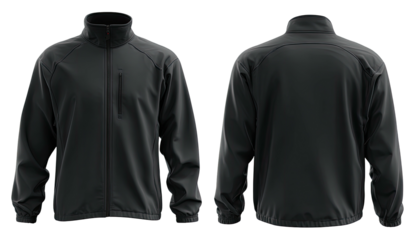Front and back views of a solid black zip-up jacket. Sleek, minimalist design