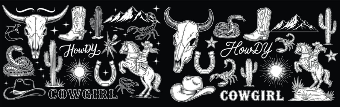 Western cowgirl doodle vector set on black background with skulls, horses, cactuses, boots and desert elements. Perfect for rodeo posters, country branding, stickers, rustic themed projects.
