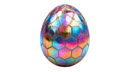 An iridescent, geometric egg, reflecting vibrant colors with a honeycomb-like pattern, isolated on black