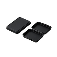 A black rectangular container, partially opened, revealing two compartments, isolated on black