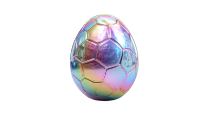 Iridescent egg, composed of geometric facets, against a stark black backdrop