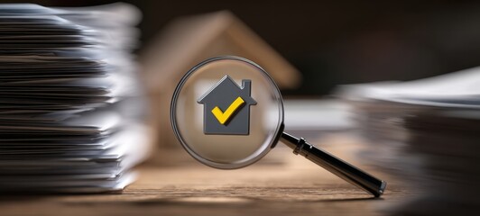 The House Under a Magnifying Glass With Approved Checkmark and Stacks of Documents