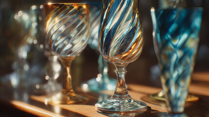 A collection of elegant crystal glasses with swirling patterns on a wooden table in a warm setting
