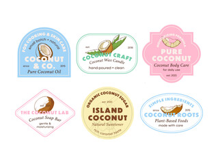 Coconut logo designs for cooking, skin care, and wellness products produced by different brands