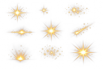 Set of illustration of a celestial golden stars light sparkle with glowing lens flare and magical shimmering dust for winter gala and luxury celebration on white background png