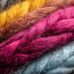 Fototapeta premium Extreme close up of thick woolen yarn strands in vibrant colors woolly fiber