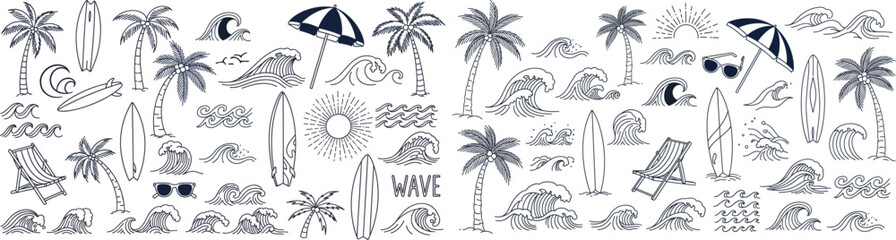 Hand drawn summer beach line art vector set with palm trees, surfboards, ocean waves, umbrellas and sun icons. Perfect for tropical designs, travel branding, posters, social media and vacation themes. © HELEN QUEEN