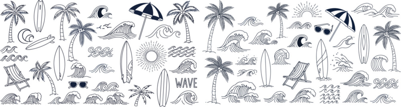 Hand drawn summer beach line art vector set with palm trees, surfboards, ocean waves, umbrellas and sun icons. Perfect for tropical designs, travel branding, posters, social media and vacation themes.