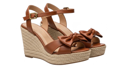 Brown leather wedge sandals with bows isolated on transparent background