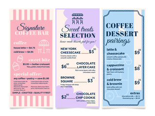 Cafe menu templates detailing coffee options, desserts, and special offers. The menu also features a variety of cakes and drinks, inviting customers to enjoy them.