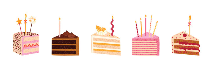 Set of birthday cake slices with candles. Cute assorted dessert pieces with cream layers, chocolate, berries and citrus. Sweet celebration food collection. Flat vector illustration isolated on white.