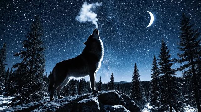 Wolf Howling at the Moon in a Starry Night Sky