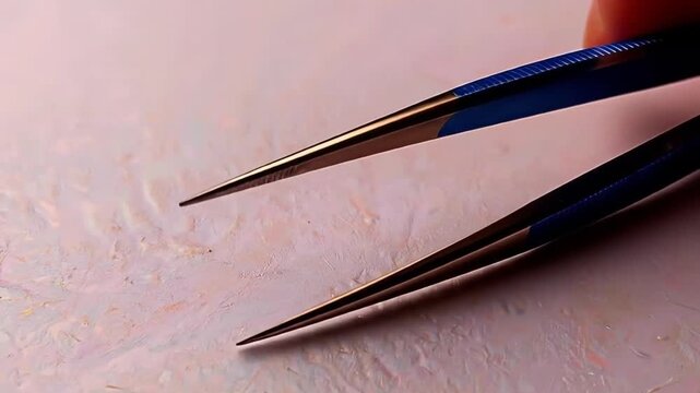Close up of tweezer tips on a textured surface macro photography concept