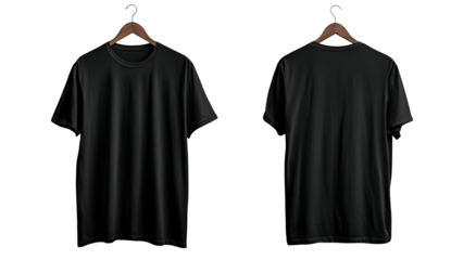 A black t-shirt's front and back view, hanging on a wooden hanger against a dark backdrop