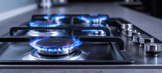 The gas stove with glowing blue flames on a modern stainless steel cooktop