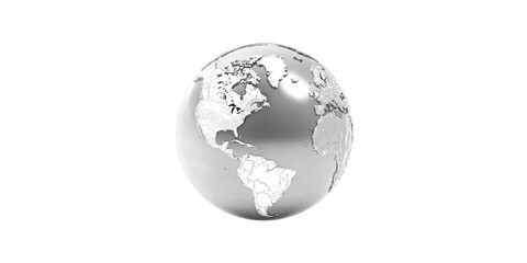 A grayscale depiction of the Earth, a transparent orb, set against a solid black background