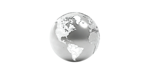 A grayscale depiction of the Earth, a transparent orb, set against a solid black background