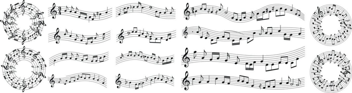 Music notes and staff lines decorative vector set collection. Elegant melody symbols, treble clef and circular compositions. Perfect for posters, album covers, branding, musical design projects.