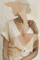 female body fragments collage, hands shoulders back, faceless woman