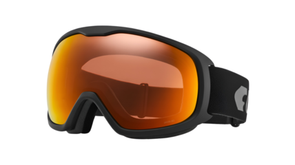 Ski goggles with orange tinted lens and black frame isolated on transparent white background