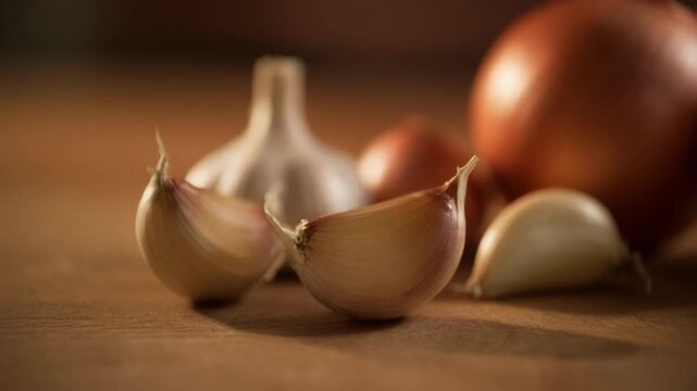 Garlic Cloves with Onions on a Wooden Surface Still Life