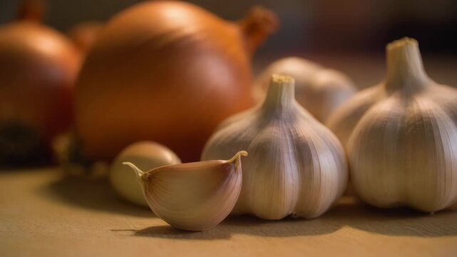 Garlic Cloves and Onions on Wooden Surface in Warm Lighting