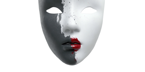 A striking mask with divided aesthetics, showcasing contrasting black, white, and red features
